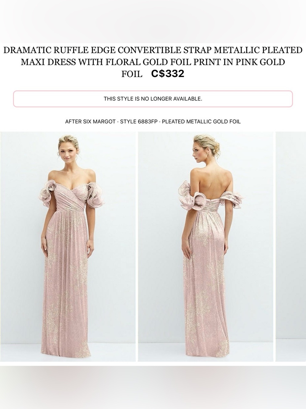 After Six Pink Gold Metallic Pleated One-Shoulder Maxi Dress